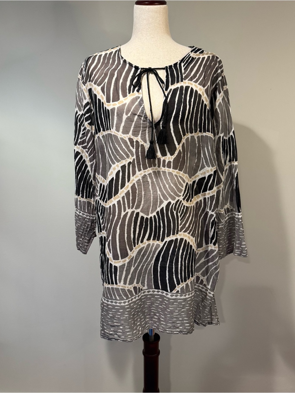 Rock Flower Paper Grey Black Abstract Print Swim Coverup Tunic Tassel Beach XL